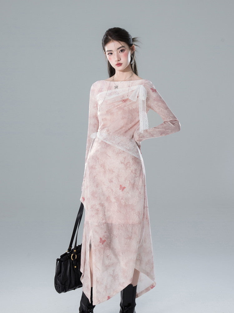 Long Butterfly Sheer Long Lace Slim Dress