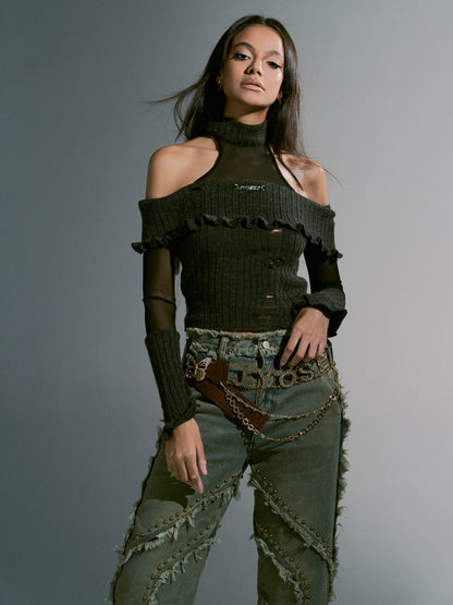 Open-Shoulder Mesh Frill Enge Nichi-Strick