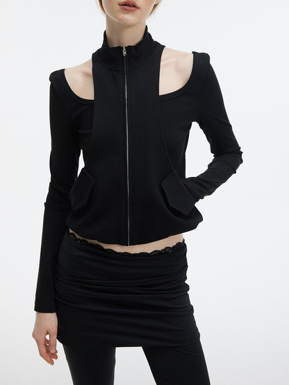 Open-Shoulder Nichi Zip Constricted Plain Tops