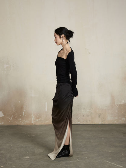 Gradation Classy Slim Drape Deep-Slit Elegant Tops&amp;Long-Skirt