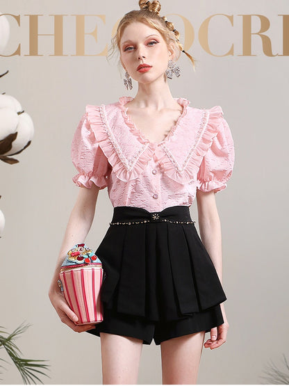 Sweet Frill Lace Puff-sleeve Blouse