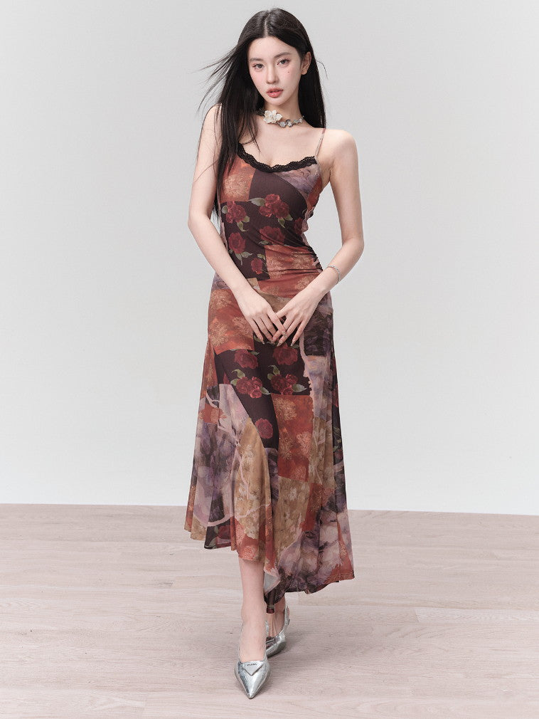 Asymmetry Camisole Lace Flower Slim Long One-Piece