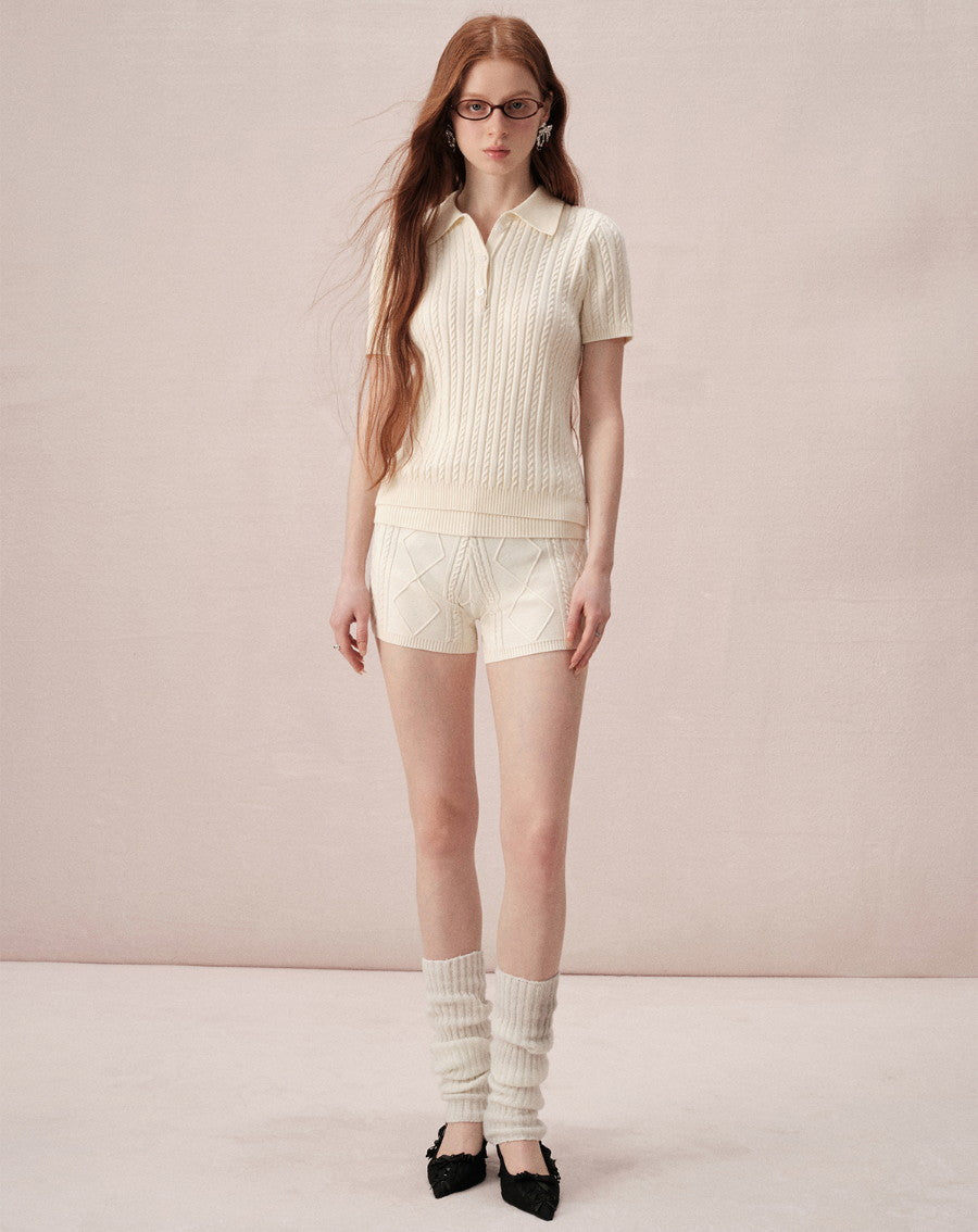 Cable-Knit Polo-Neck Casual Relax Set-Up Tops＆Short-Pants