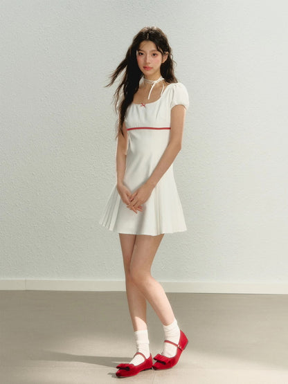 Side-Pleats Simple Flare Short Ribbon Bi-Color Dress