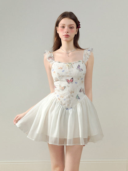 Embroidery Butterfly Lace Ribbon Ciffon Ceminine Fluffily Short Dress