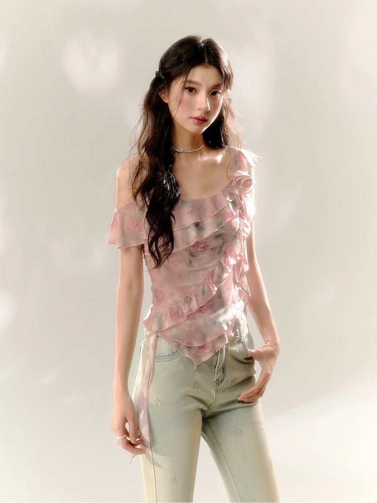 Asymmetry Ciffon Frill Flower Rose Drape Tops