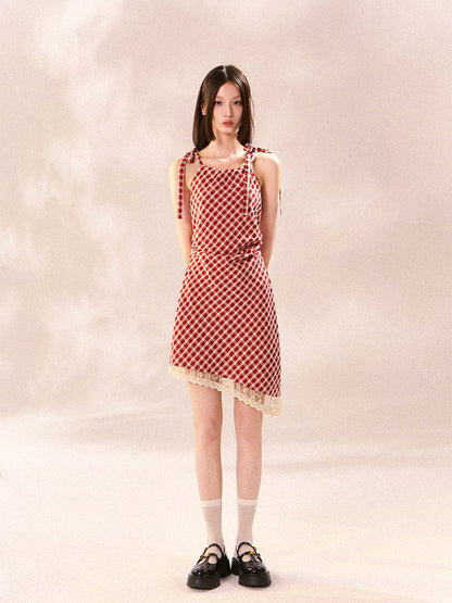 Checked Girly Asymmetry Lace Shoulder-Ribbon Dress