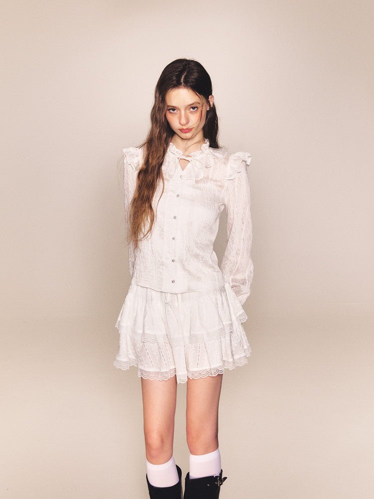 Feminine Frill Candy-Sleeve Ribbon Lace Blouse