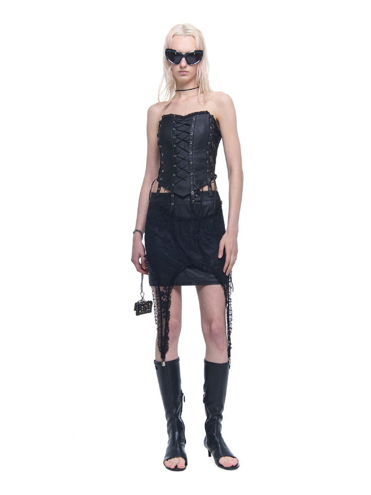 Leather Lace-Up Tight Punk Heavy Bustier＆Skirt