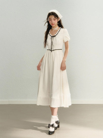 Girly Dot Lace Long Retro Ribbon Dress