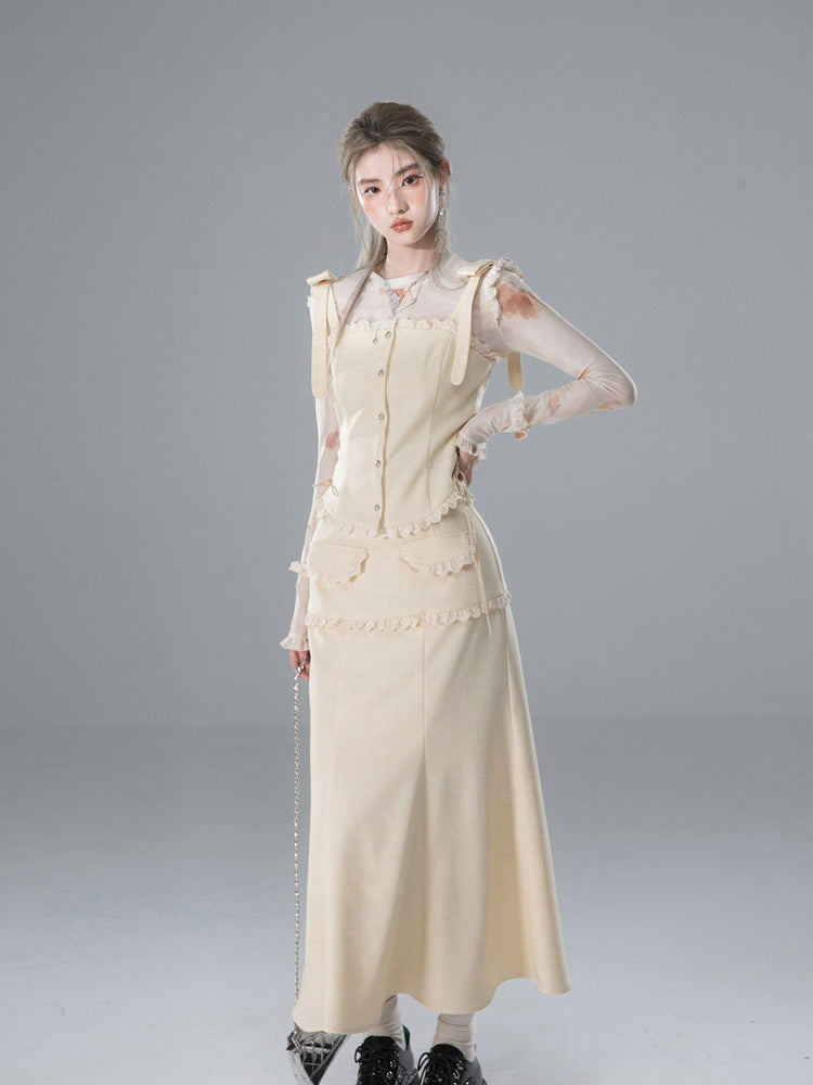 Vest&amp;Blouse＆Long-Skirt Frill Lace Suspenders Ribbon Set-Up