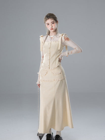 Vest&amp;Blouse＆Long-Skirt Frill Lace Suspenders Ribbon Set-Up