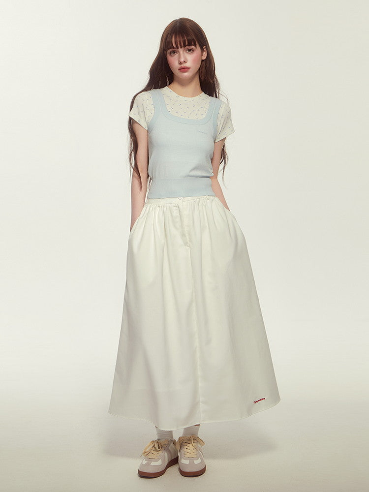 Embroidery Elastic-Waist Flare Simple Long-Skirt