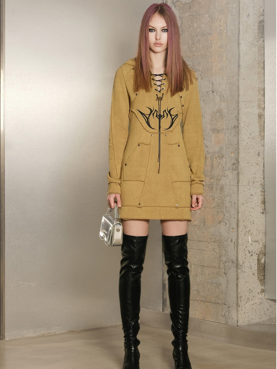 Lace-Up Casual Hoodie Rivet Parka-One-Piece