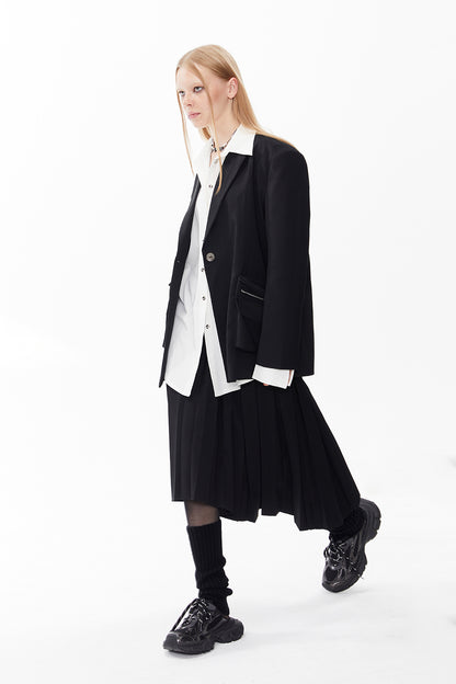 Pleats Asymmetry Belt Long-Skirt