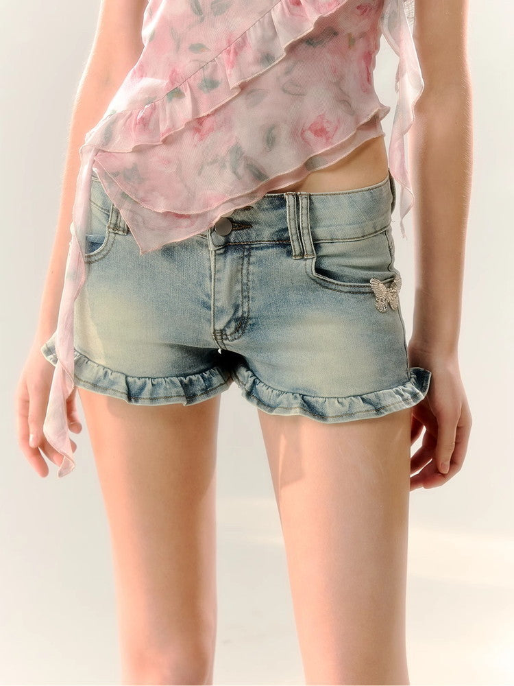 Denim Frill Casual Hot-Pants Tight Short-Pants