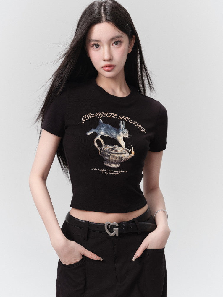 Rabbit Crew-Neck Letter Half-Sleeve0 Short T-Shirt