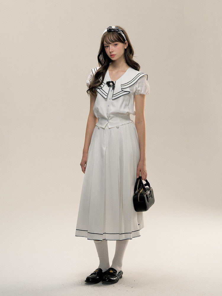 Bi-Color Ribbon Sailor-Collar Puff-Sleeve College Blouse＆Skirt