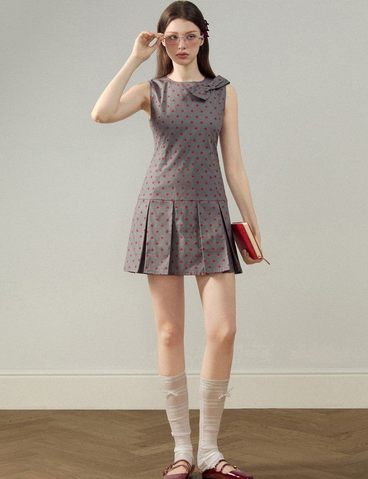 Ribbon Dot Pleats Short Retro No-Sleeve Dress