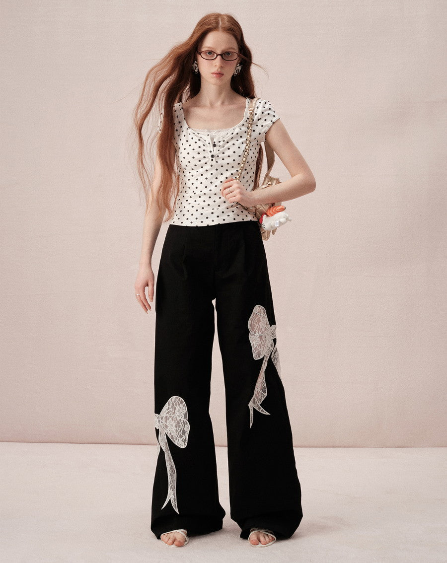 Lace Ribbon Cute Nichi Loose Wide-Pants