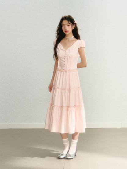 Tiered Ribbon Frill Giryl Long Dress