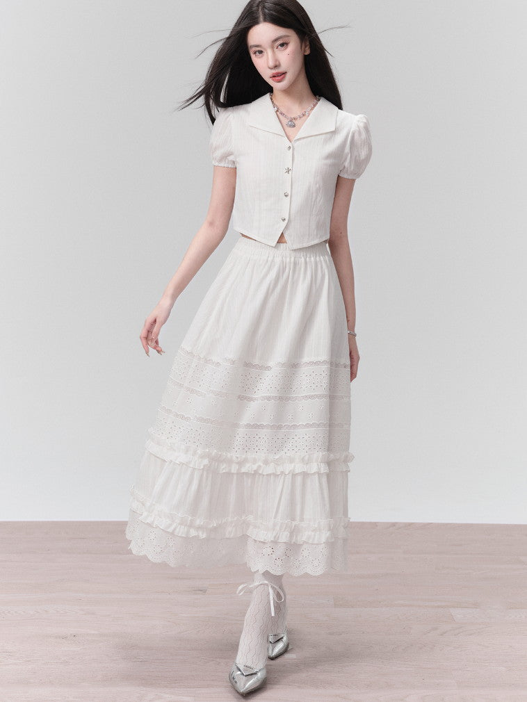 Lace Tiered Frill Feminine Puff-Sleeve Short-Blouse＆Long-Skirt