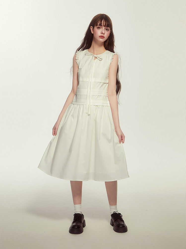 Frill Retro No-Sleeve Girly Ribbon Crease Dress