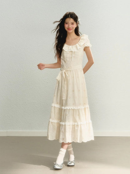 Punching Flower Frill Tiered Girly Long Dress