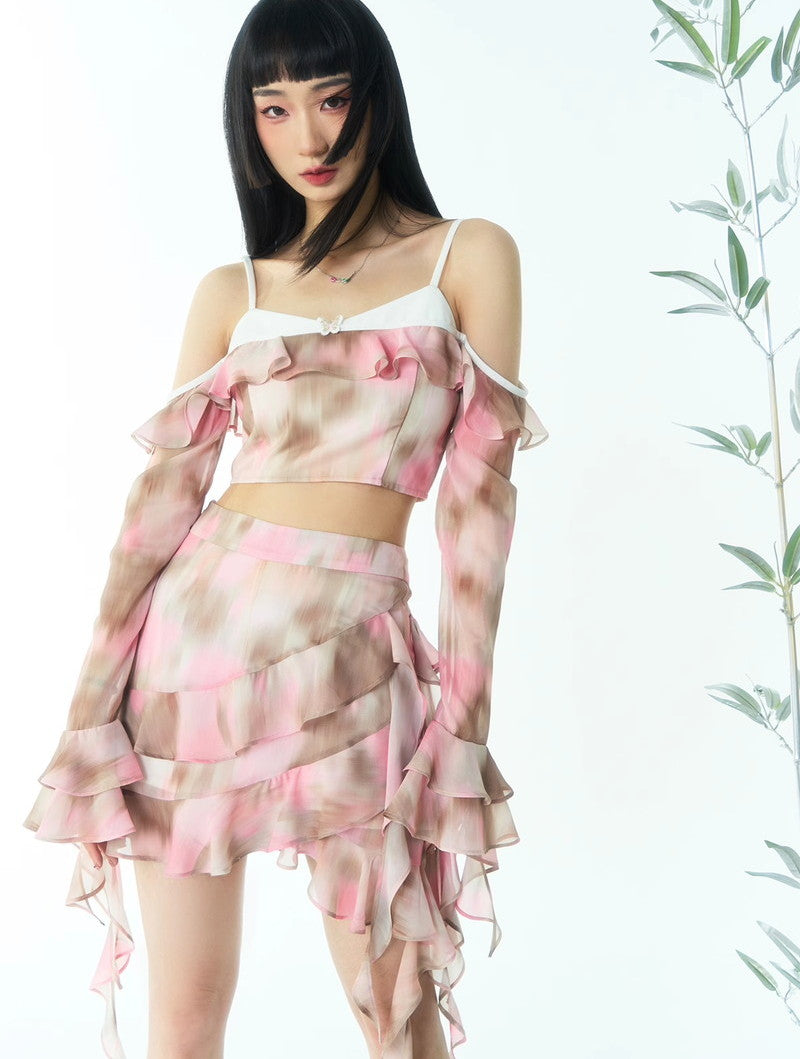 Tie-Dye Ciffon Asymmetru Tiered Frill Watercolor Mini-Skirt