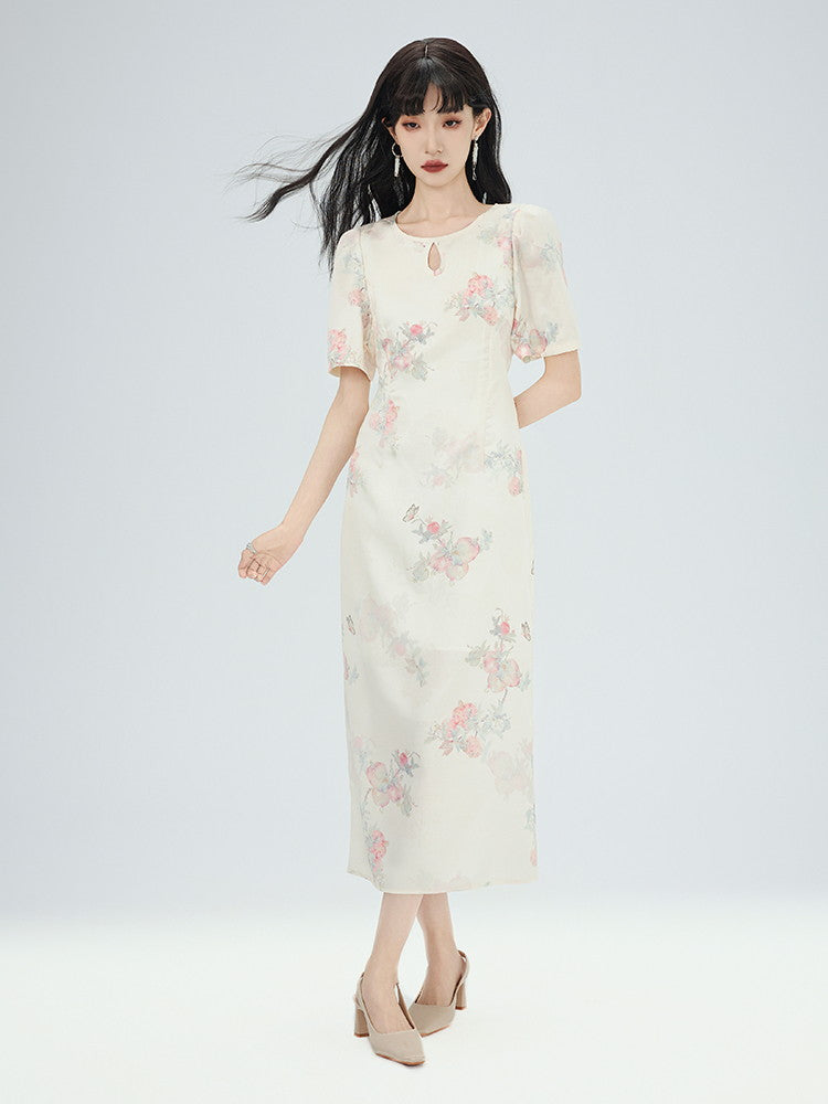 China Drop-Cut Flower Feminine Modest Long Puff-Sleeve Long Dress