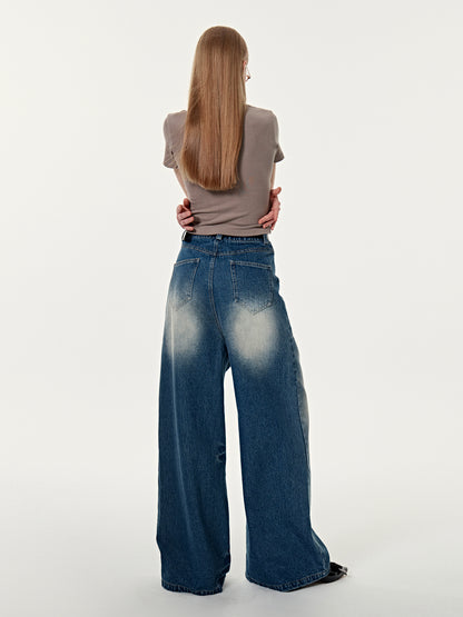 Faded Denim Wide-Leg Casual Pants