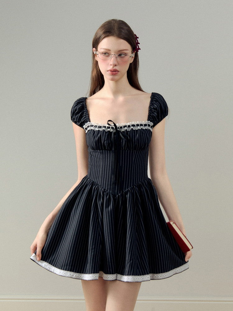 Stripe Square-Neck Puff-Sleeve Lace Girly Flare Dress