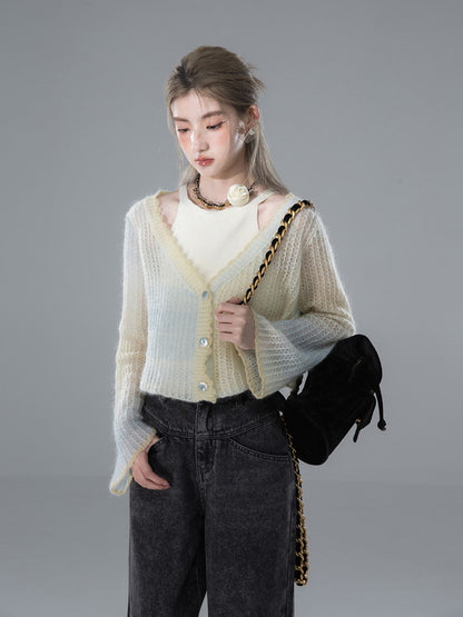 Flare-Sleeve V-Neck Short Sheer Mohair-Knit Cardigan