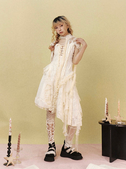 Flower Lace Frill Lace-Up Asymmetry Retro Fancy Dress