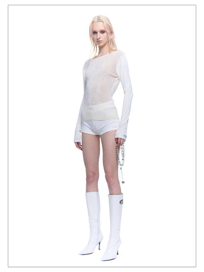 See-Through Mesh Drape Slim Cutsew