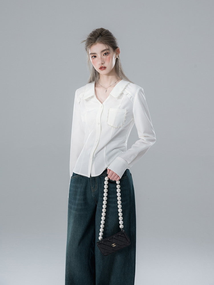 Pearl V-Neck Feminine Shape Simple Blouse