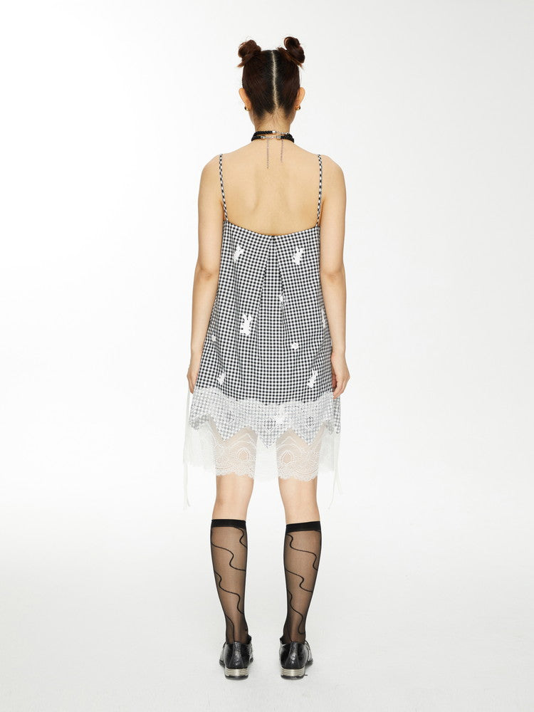 Lace Gingham-Checked Girly Loose Camisole Casual Dress＆Pants