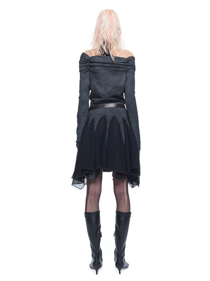 Asymmetry Arrange Flare Long-Sleeve Dress