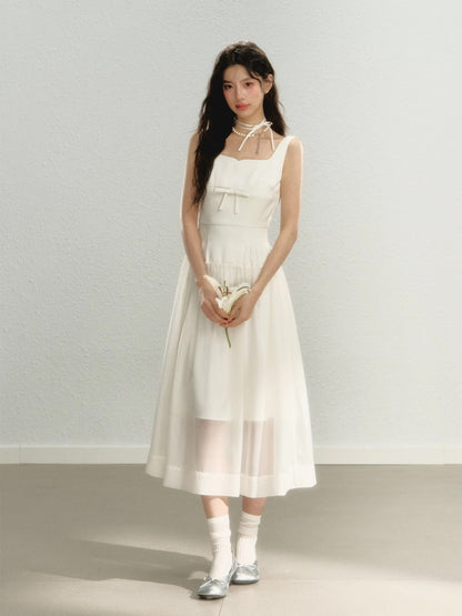 Long No-Sleeve Sheer Ribbon Pleats Slim Dress