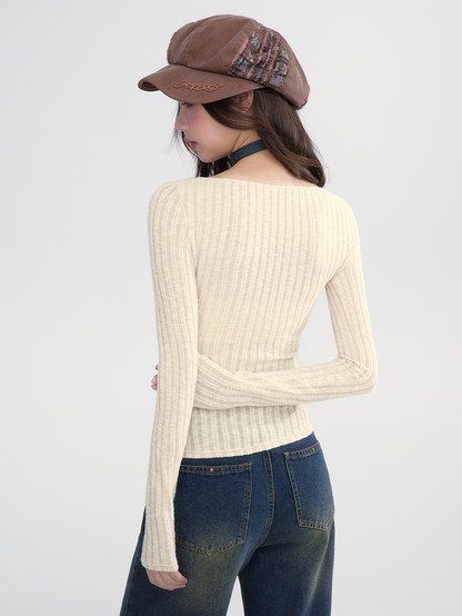 Boat-Neck Spray Slim Casual Retro Rib-Knit