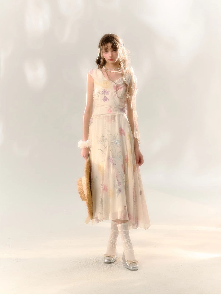 Watercolor Flower Retro Drape Long No-Sleeve Dress