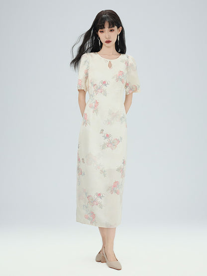 China Drop-Cut Flower Feminine Modest Long Puff-Sleeve Long Dress