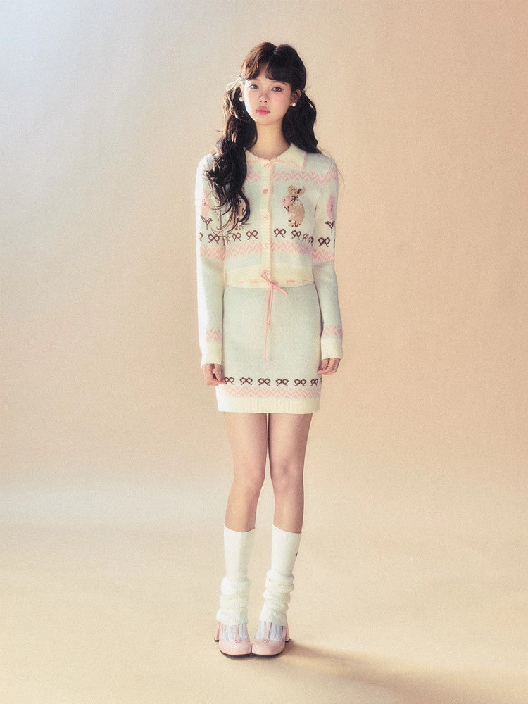 Set-Up Knit Retro Rabbit Ribbon Cardigan＆Mini-Skirt