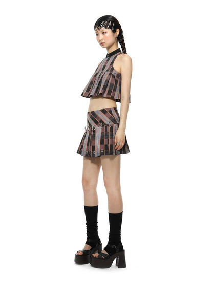 Checked Pleats Flare Sleeveless Cropped Tops