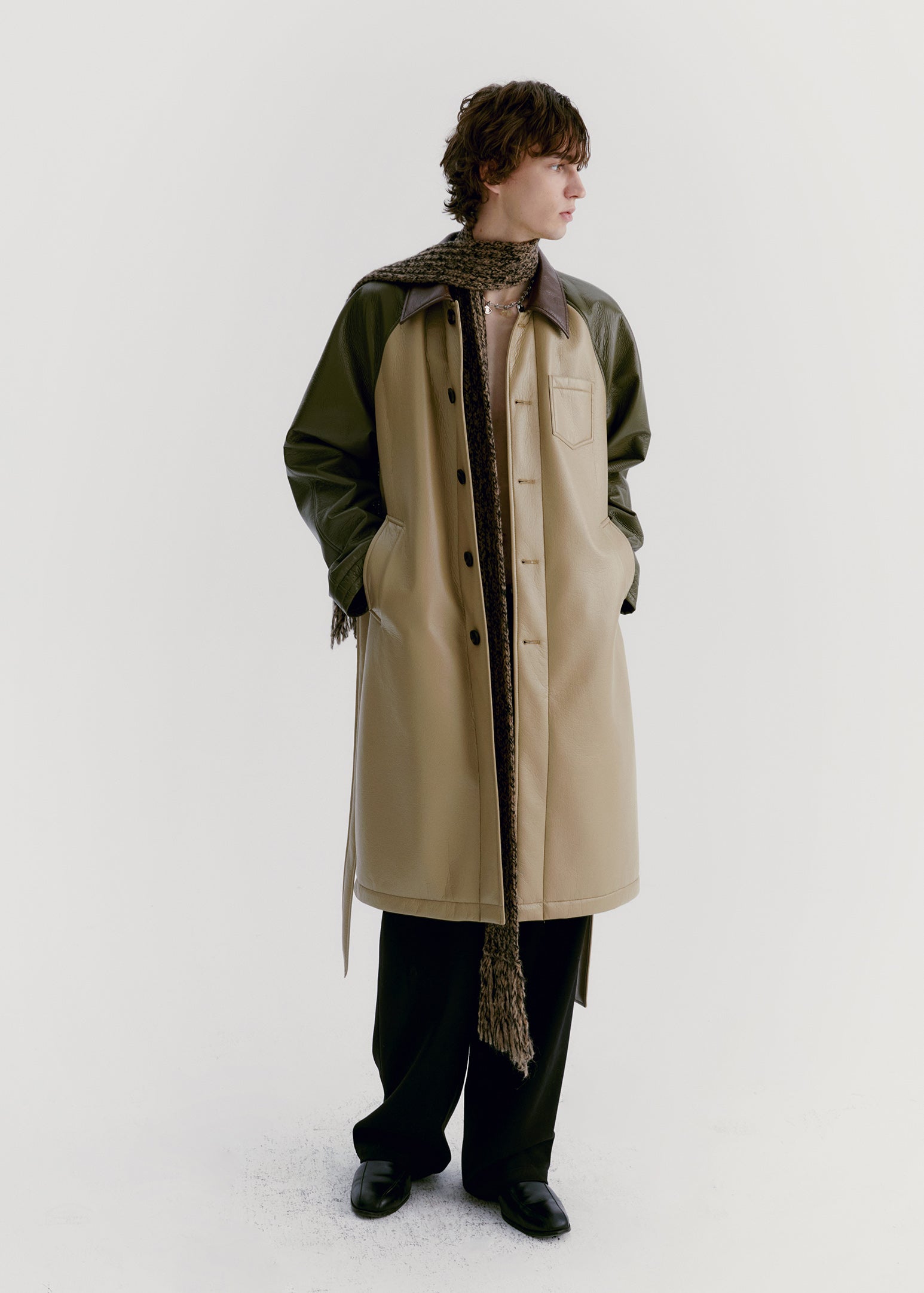 Unisex Leather Contrast Oversize Long-Coat