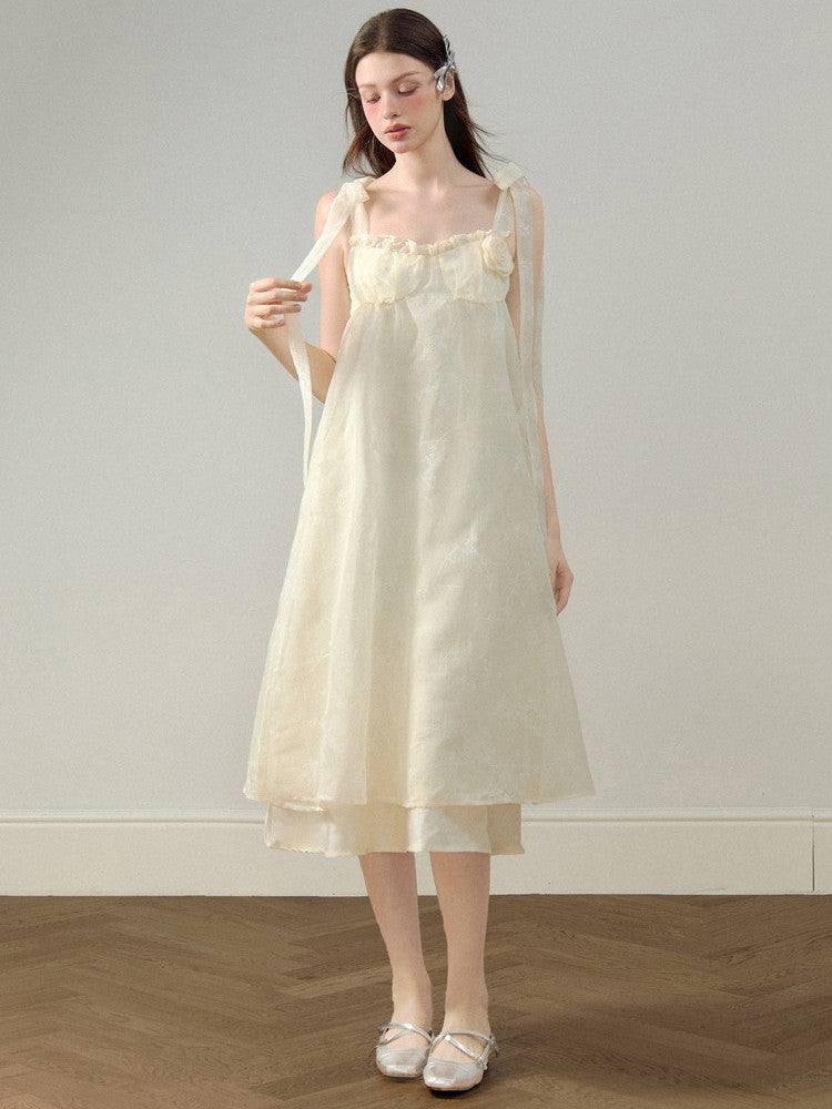 Flare Ciffon Embroidery Flower Natural Long Dress