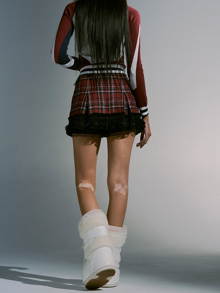 Checked One-Shoulder Long Pearl-Chain Retro Lace Mini-Skirt