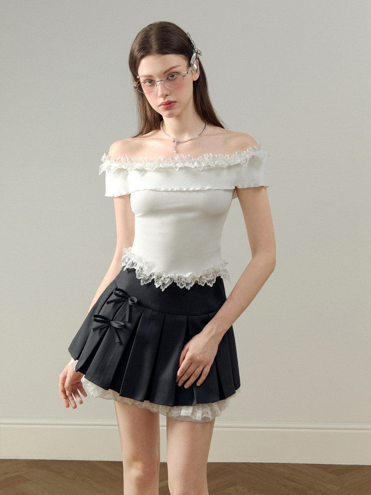 Frill Off-Shoulder Flower Lace Summer-Knit