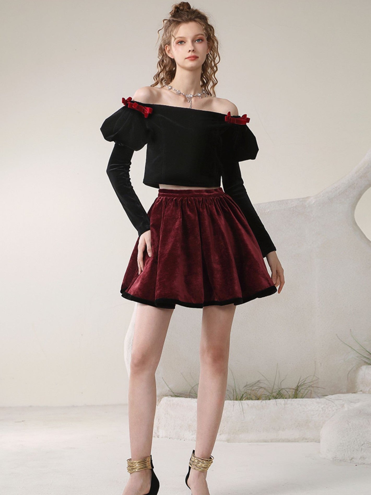 Puff-Sleeve Of-Shoulder Balloon Contrast Ribbon Blouse＆Mini-Skirt