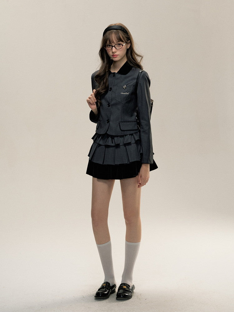 Set-Up Stripe Frill Tiered College Girly Jacket＆Mini-Skirt